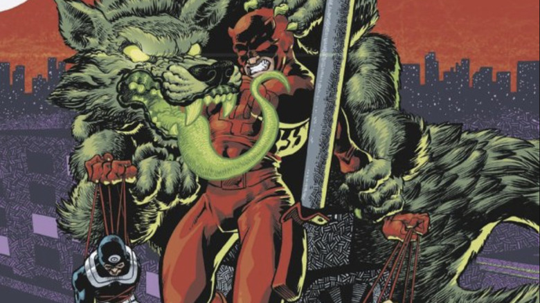 Daredevil #19 cover Daredevil, encircled by the demon Wrath, holds Bullseye and Foggy up
