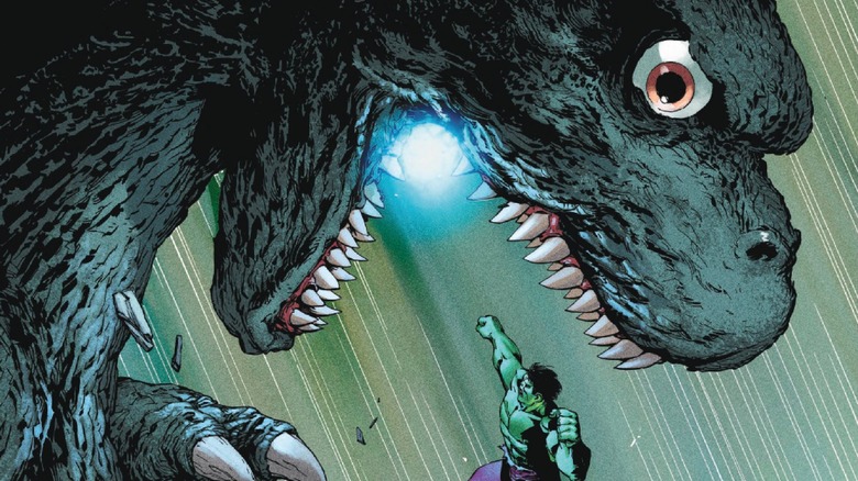 Godzilla vs Hulk #1 cover, Hulk leaping into Godzilla's maw