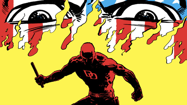 Daredevil #232 cover, Daredevil behind fire with Nuke's eyes looking over him