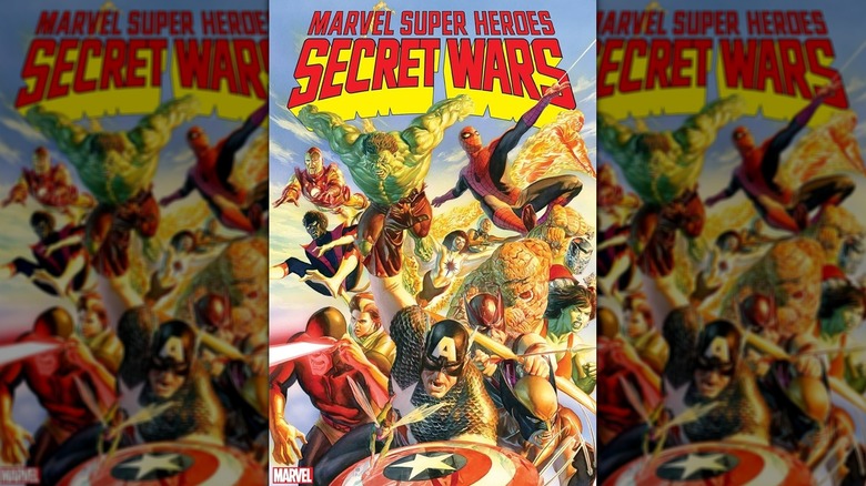 Secret Wars cover by Alex Ross - Wasp, Cyclops, Rogue, Nightcrawler, Iron Man, Hulk, Captain America, Hawkeye, Captain Marvel, Storm, Spider-Man, Human Torch, Wolverine, Hawkeye, She-Hulk, and Colossus