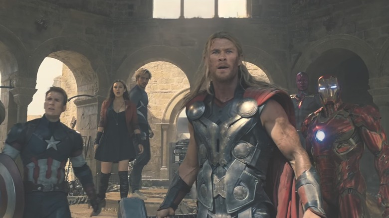 Avengers: Age of Ultron - Avengers together in Sokovian church: Captain America, Scarlet Witch, Quicksilver. Thor, Vision, and Iron Man