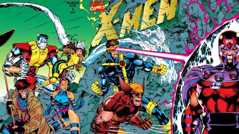 X-Men #1 cover by Jim Lee - Gambit, Colossus, Psylocke, Rogue, Wolverine, Cyclops, and Iceman battling Magneto