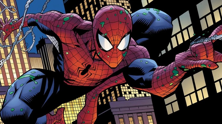Close-up of Spider-Man webslinging in NYC at night