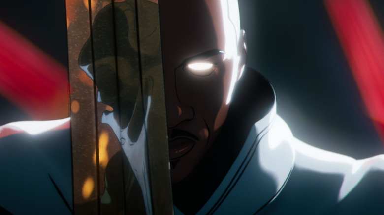 Todd Williams as Blade holding a large sword next to his face on Marvel Zombies