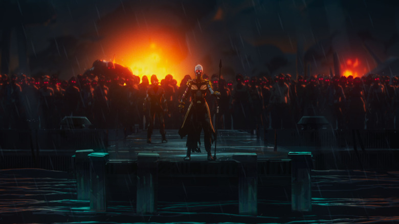 Zombie Okoye standing in front of hundreds of zombies in Marvel Zombies