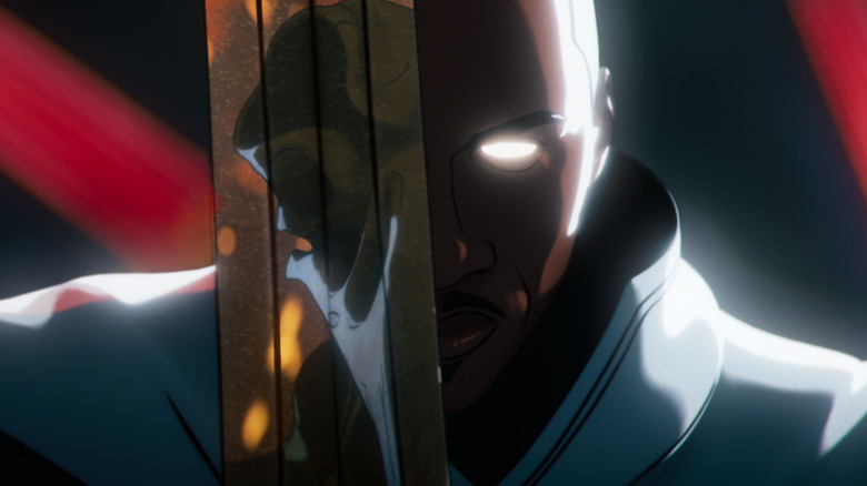 Blade Knight with half his sword covering his face and the reflection on the blade showing Khonshu in Marvel Zombies
