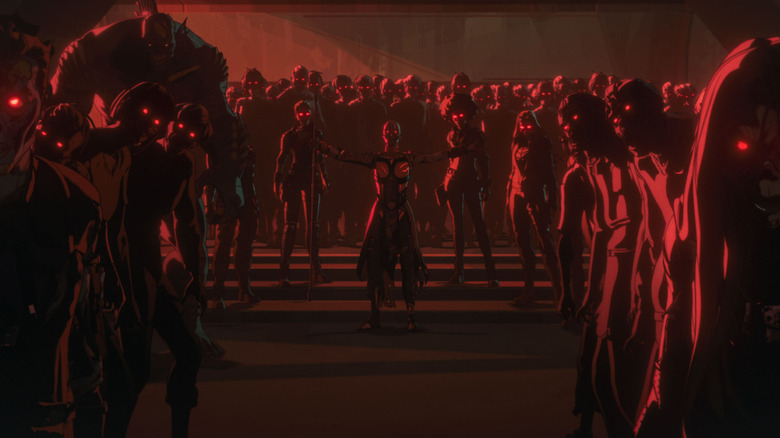 A massive group of red-eyed zombies in Marvel Zombies