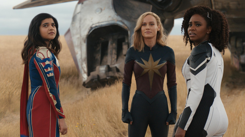 Kamala Khan, Captain Marvel, and Monica Rambeau standing outside of the ship in The Marvels