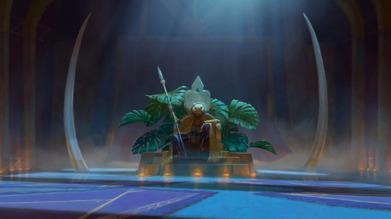 The Lion lounging on a throne with a spear in his hand in Marvel's Eyes of Wakanda