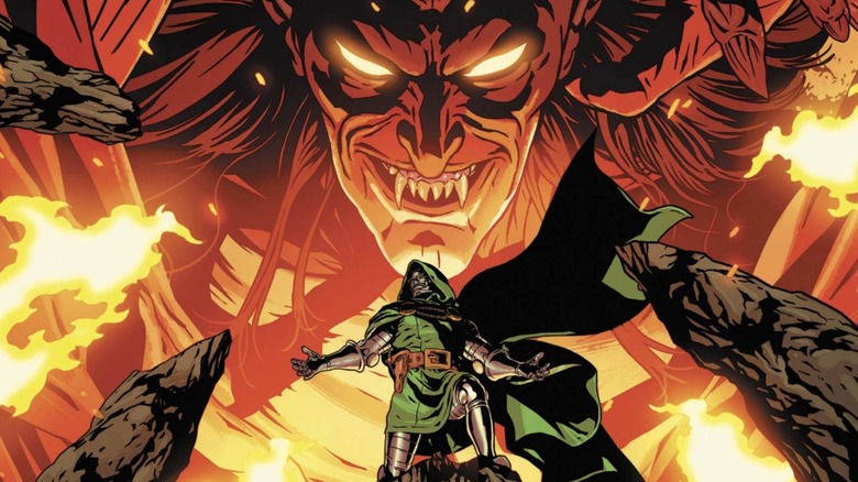 Mephisto towering over Doctor Doom surrounded by fire