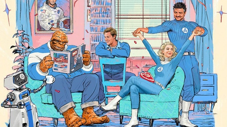 The Thing, Human Torch, Invisible Woman, and Reed Richards hanging out in their living room with HERBIE the robot in the Fantastic Four: First Steps poster