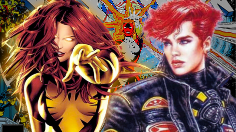 Jean Grey/Dark Phoenix from X-Men and Nicole Shea from First Flight on background of Uncanny X-Men #164