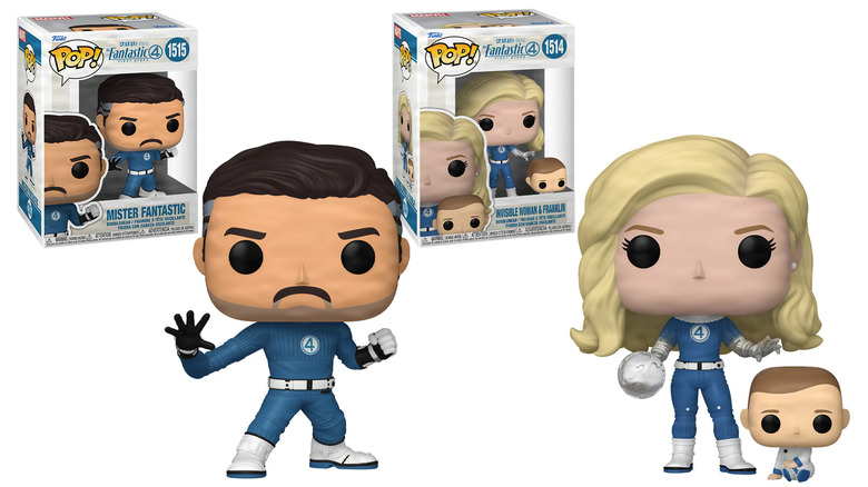 Reed Richards, Sue Storm, and Franklin in Funko POP form from Fantastic Four: First Steps
