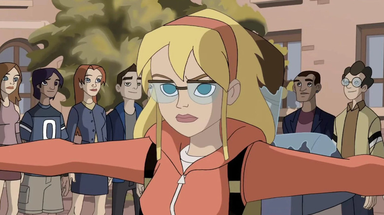 Spectacular Spider-Man: Gwen Stacy shielding Peter Parker from Flash Thompson throwing water balloons