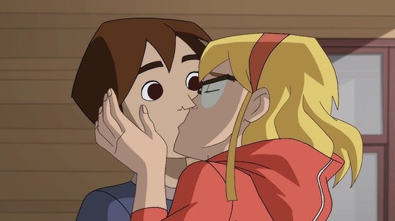 Spectacular Spider-Man -- Gwen Stacy kissing a shocked Peter Parker