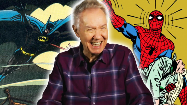 Headshot of Gerry Conway next to comic images of Batman and Spider-Man