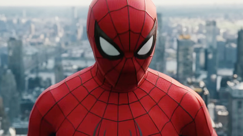 Tom Holland as Spider-Man sitting high above New York City in Spider-Man: Brand New Day