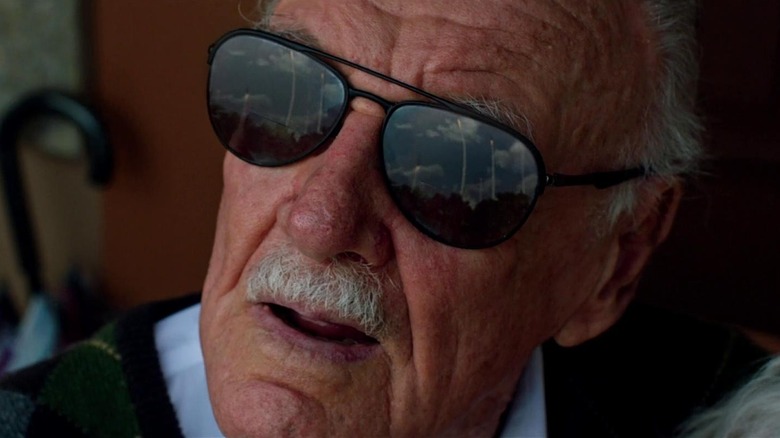 Stan Lee looking up at the sky during his cameo in X-Men: Apocalypse