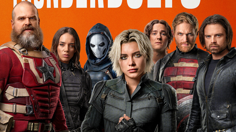 Promotional art for Thunderbolts featuring Red Guardian, Ghost, Taskmaster, Yelena Belova, Bob, John Walker, and Bucky Barnes