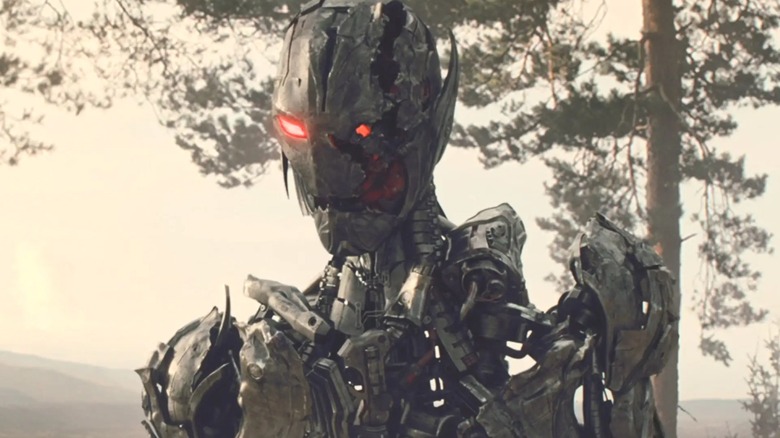Damaged Ultron drone in forest in Avengers: Age of Ultron