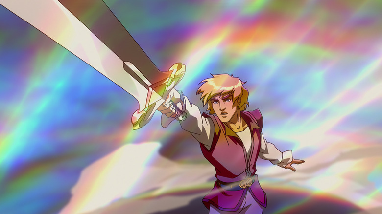 Prince Adam brandishing his sword and turning into He-Man in the masters of the Netflix universe: Revolution