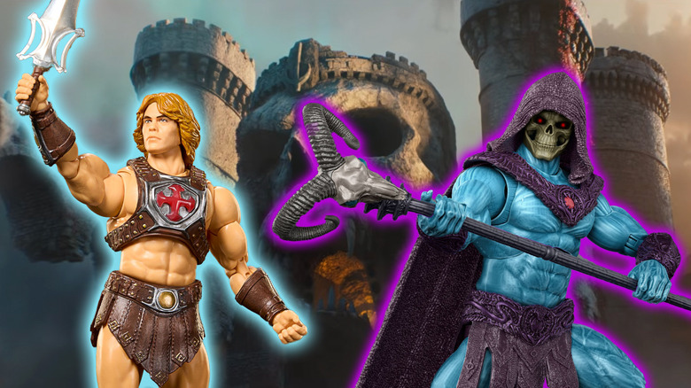Mattel's new Masters of the Universe action figures in front of castle Grayskull in the 2026 movie.