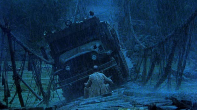 The truck attempts to cross a rickety bridge in a storm in Sorcerer