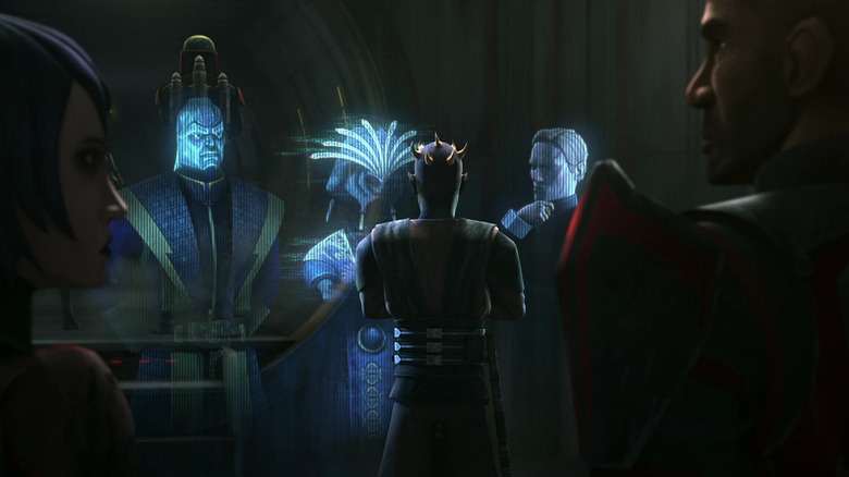 Sam Witwer as the voice of Maul communicating with a hologram of Paul Bettany as Dryden Vos in Star Wars: The Clone Wars