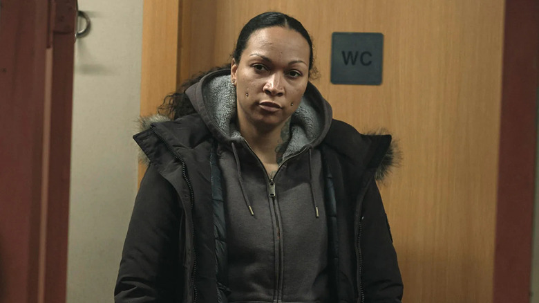 Kali Reis as Evangeline Navarro wearing a winter jacket in True Detective: Night Country