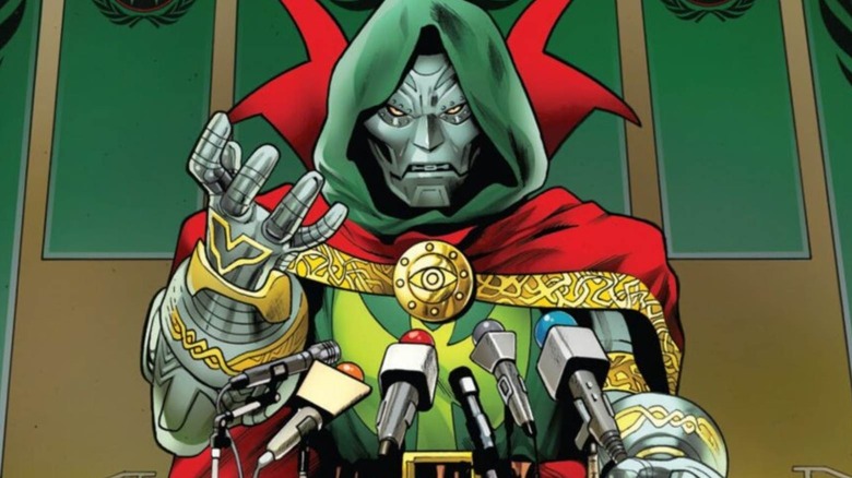 Doctor Doom speaking on a podium