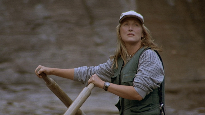 Meryl Streep's Gail Hartman looks looks up as she steers a raft in The River Wild