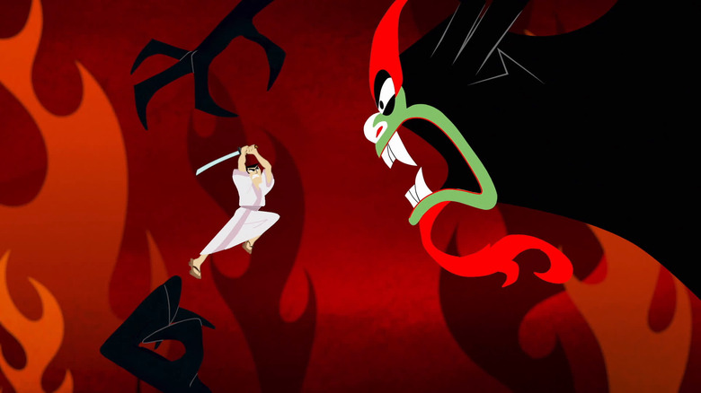 Jack holds his sword and faces Aku in Samurai Jack