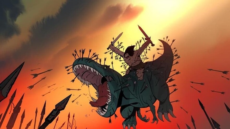 Fang and spear sream and they jump toward and army of spears in Primal