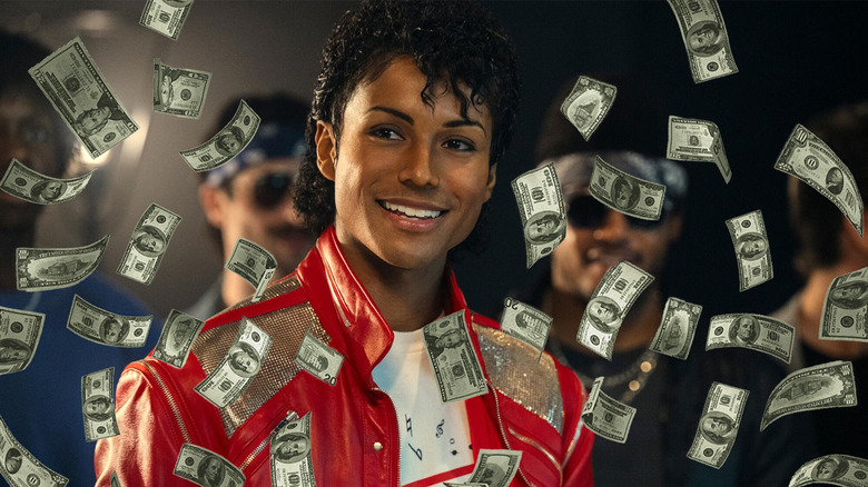 Jaafar Jackson as Michael Jackson on set during the Bad video in Michael (2026) with money falling around him
