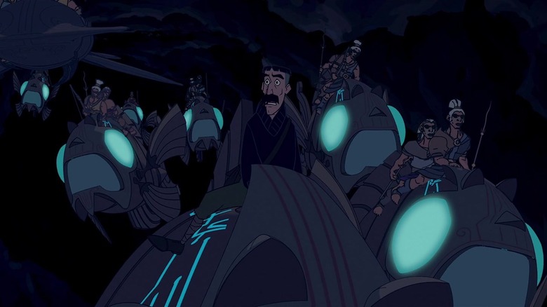 Vinny and a bunch of Atlanteans on fluing fish machines in Atlantis: The Lost Empire