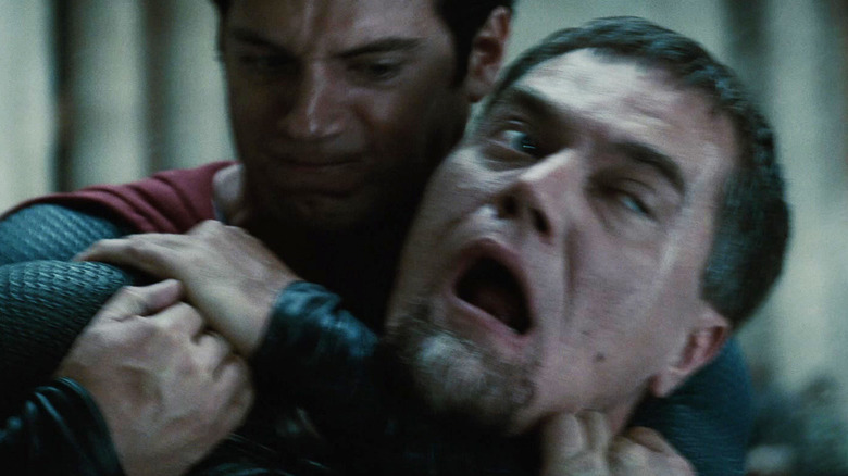 Henry Cavill as Superman strangles Michael Shannon as General Zod in Man of Steel