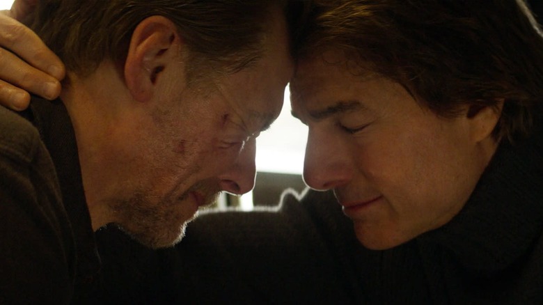 Simon Pegg as Benji touching foreheads with Tom Cruise as Ethan Hunt in Mission: Impossible - The Final Reckoning