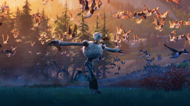 Roz correndo entre gansos voadores em The Wild Robot