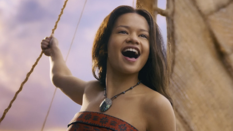 Moana singing on a ship in the live-action Moana