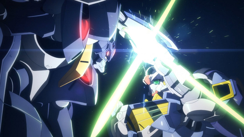 gundam witch from mercury gundam pharact and aerial laser sword duel