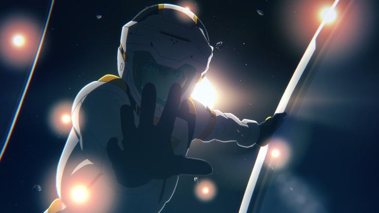 gundam witch from mercury suletta reaches out hand surrounded by lights in space