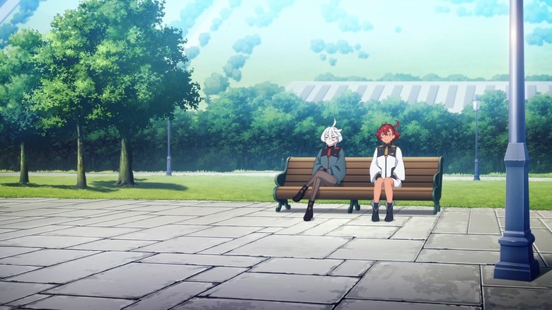 gundam witch from mercury suletta and miorine sit on bench