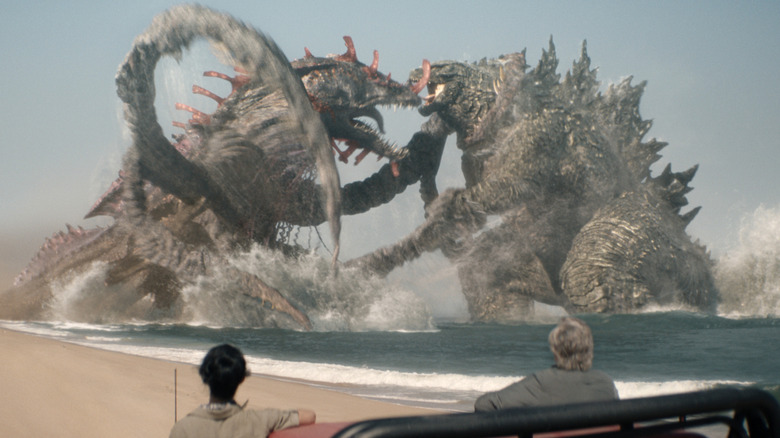 Titan X and Godzilla fighting on the beach in Monarch: Legacy of Monsters Season 2