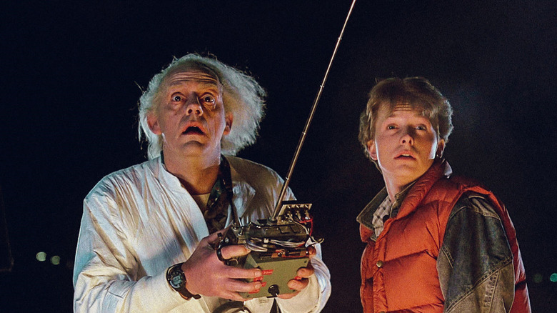 Dr. Emmett Brown (Christopher Lloyd) and Marty McFly (Michael J. Fox)