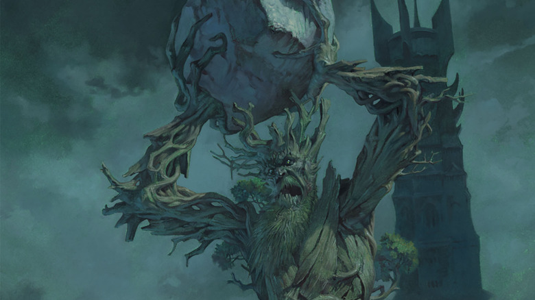 Lord of the Rings: The Two Towers art print from Mondo with Treebeard lifting a boulder in battle