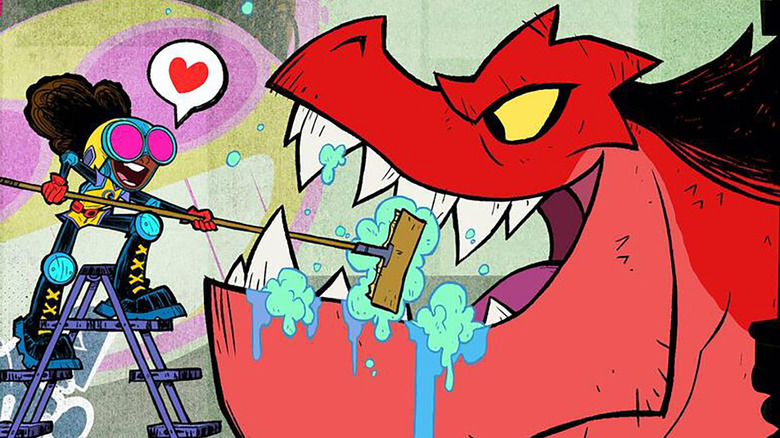 Moon Girl brushing Devil's teeth in Moon Girl and Devil Dinosaur