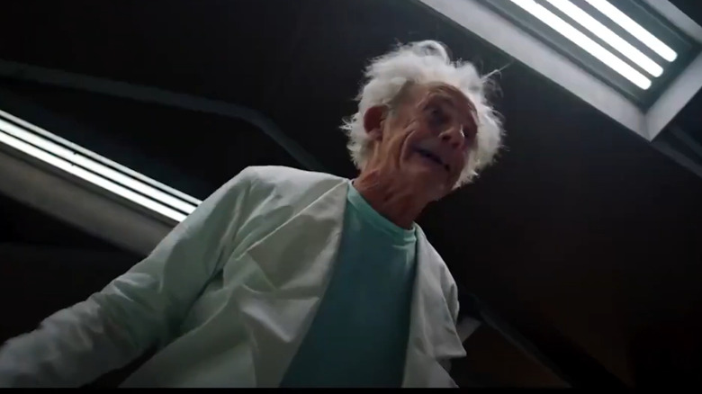 Christopher Lloyd grimacing wildly in Rick Sanchez costume