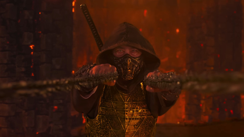 Hiroyuki Sanada as Scorpion shooting chains from his hands in Mortal Kombat II