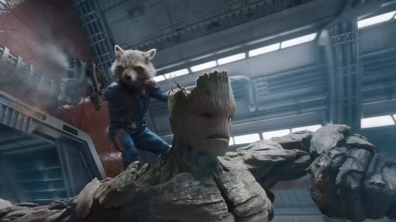 Rocket and Groot fighting in one-shot scene