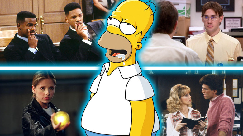 Homer Simpson surrounded by shots from The Office, Cheers, Buffy the Vampire Slayer, and The Fresh Prince of Bel-Air